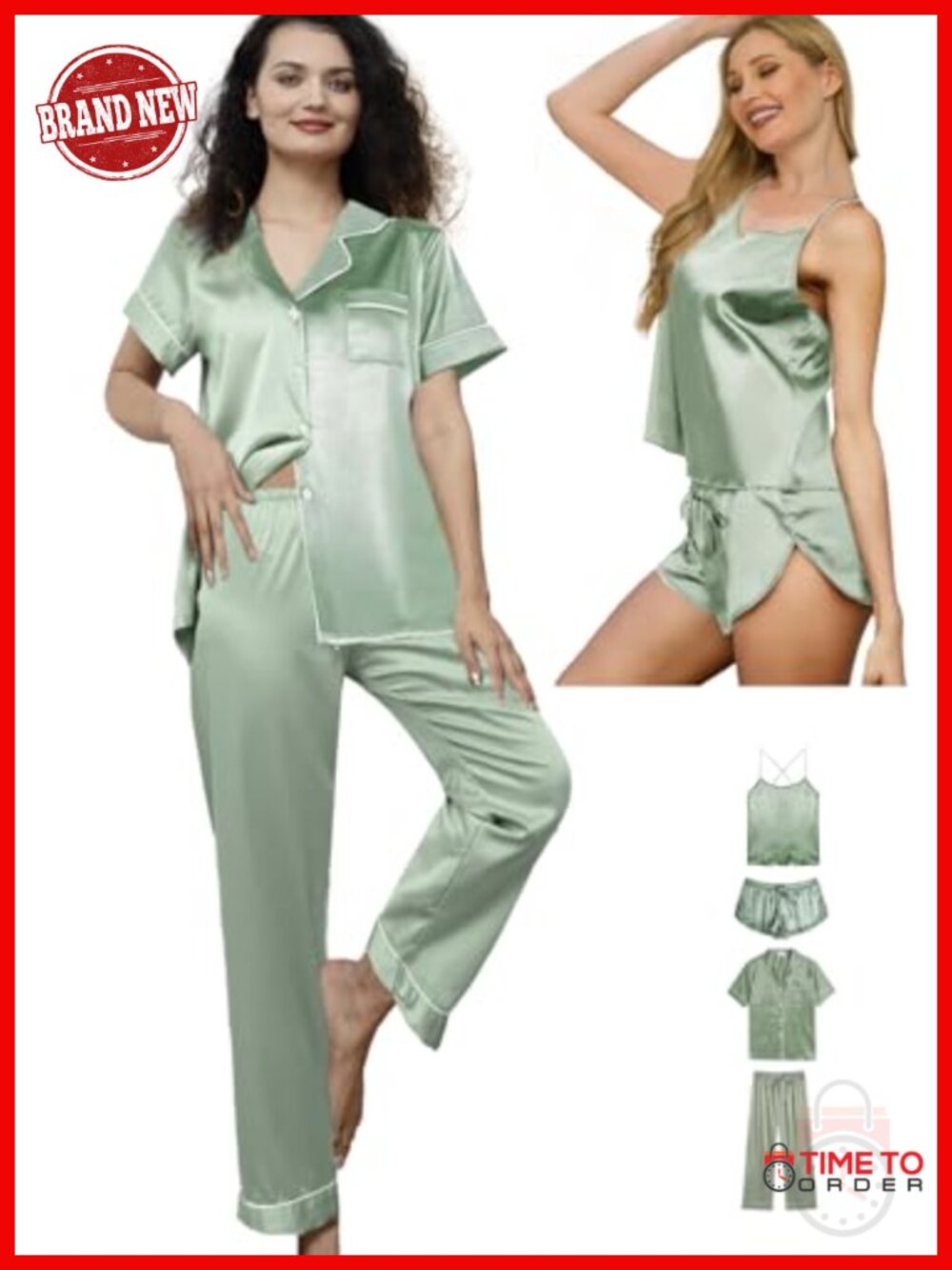 Satin Pajama Set 4Pc Silky Camisole Shorts Long Pants Sleepwear